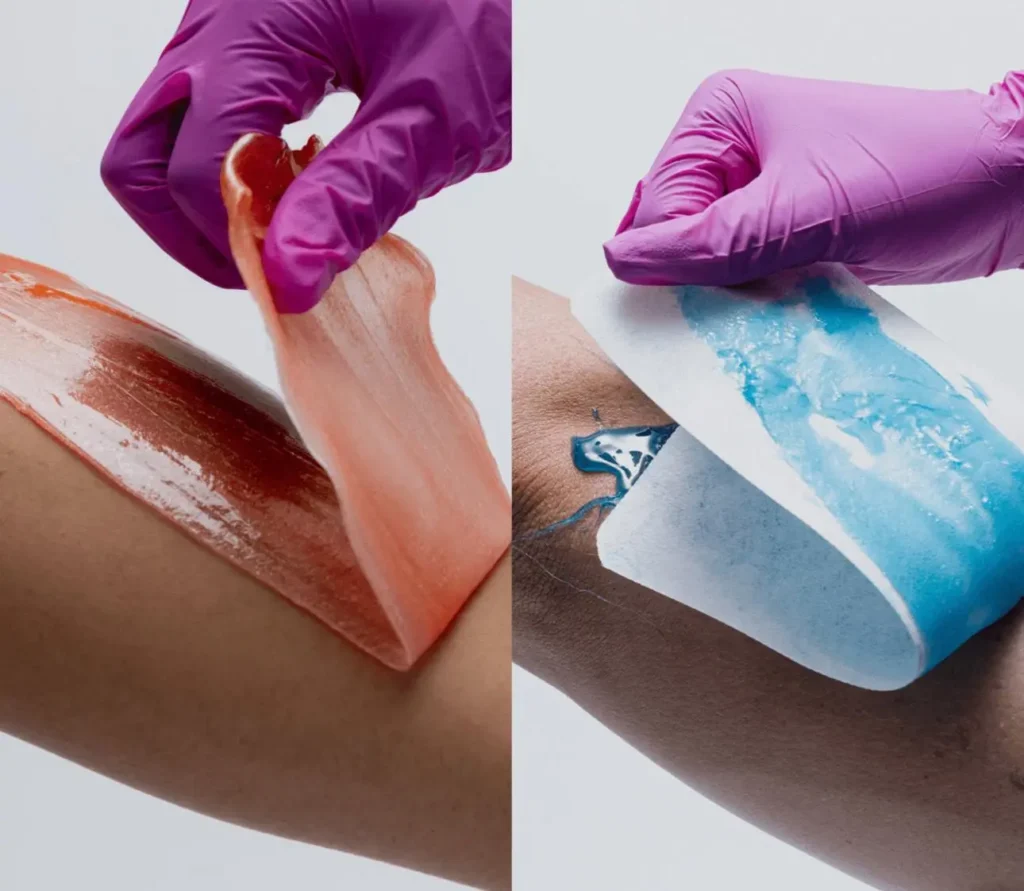Side-by-side comparison of hard wax and soft wax being removed from skin during a professional waxing treatment. Hard wax is peeled off directly, while soft wax is removed using a waxing strip.