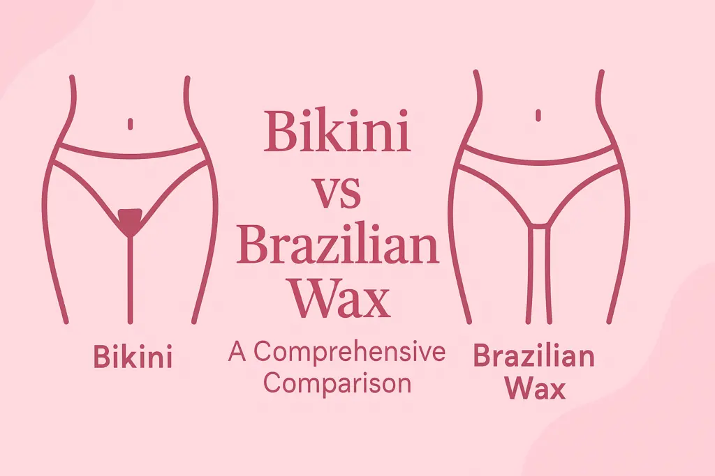 Comparison graphic showing the difference between a bikini wax (small triangle of hair left) and a Brazilian wax (complete hair removal).