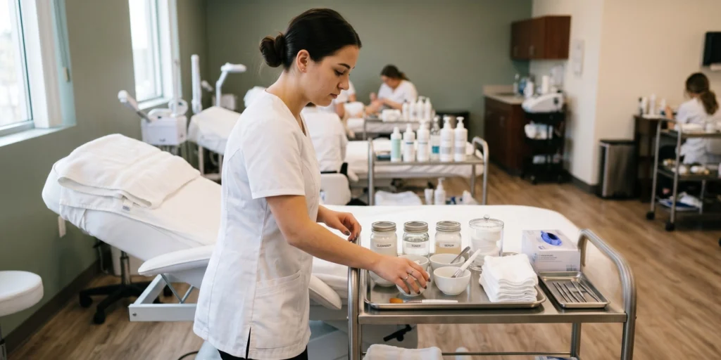A Professional waxing room
Female esthetician preparing for treatment
Clean, upscale spa environment.