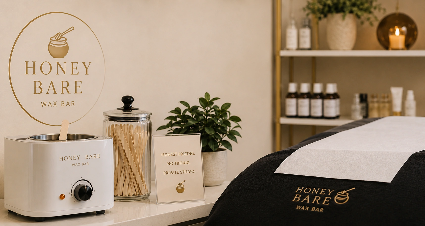 Honey Bare Wax Bar treatment room with skincare products